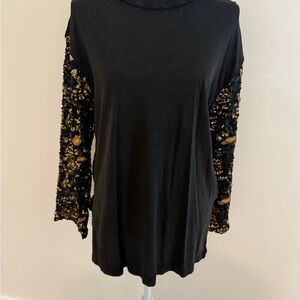 Free People New NWT Black and Gold Sequin Embroidered Tulle Top two-fer XS